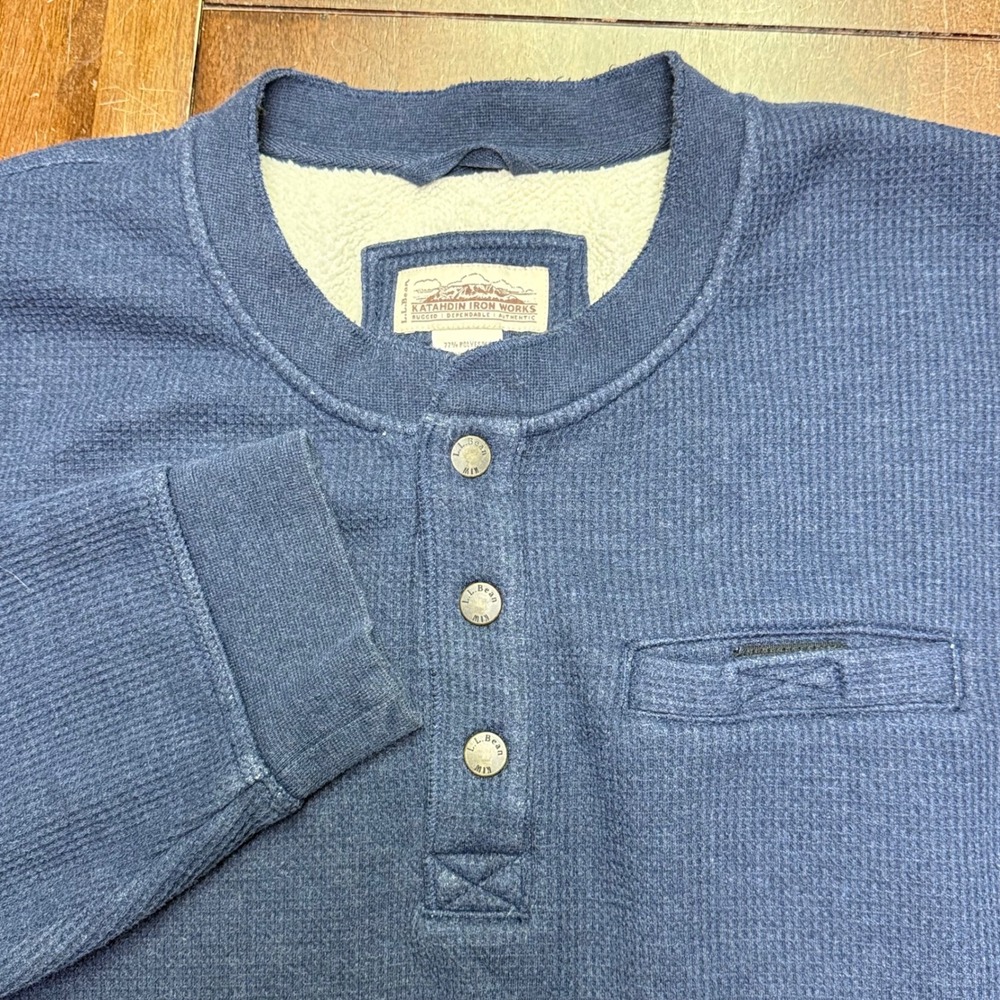 LL Bean Katahdin Iron Works Henley Mens XXL-Tall Blue Sherpa Lined Waffle Knit